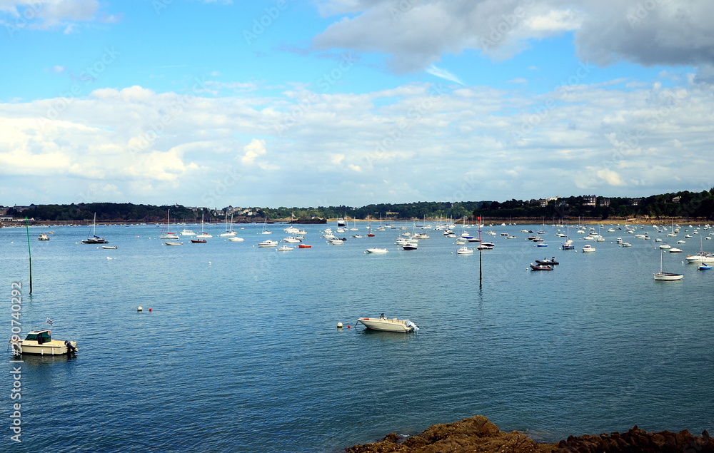 View on Dinard bay with its boats and yachts. The most British of Brittany’s resorts is popular with families who are attracted by its sandy beaches and coastal walks. Brittany, France