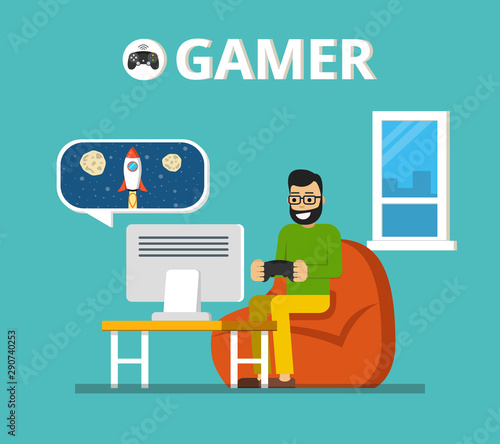 Man sitting on beanbag holds the gamepad and playing video games. Gamer concept. Flat vector illustration. © Art Alex