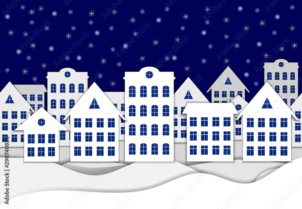 Fototapeta premium Vector Paper Winter Art, Buildings on the Snow, Horizontal Seamless Background.