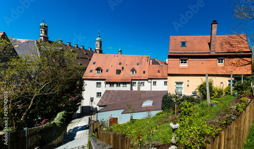 Buildings in a town viewed from an elevated path