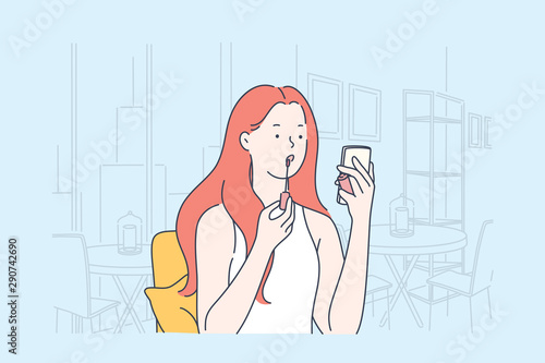 Lip makeup, beauty, fashion concept. Beautiful young woman applying lip gloss, looking in mobile phone. Business woman drawing lips with lipstick in the background of the cafe. Simple flat vector.