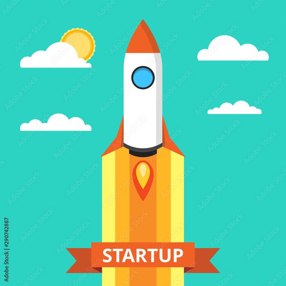 Startup concept. Rocket launch over the word. Project development. Flat vector illustration. Startup concept. Rocket launch over the word. Project development. Flat vector illustration.