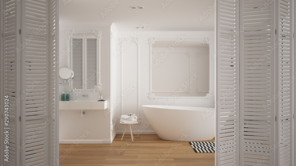 Obraz premium White folding door opening on minimalist luxury bathroom with bathtub, sink, carpet and mirror, white interior design, architect designer concept, blur background