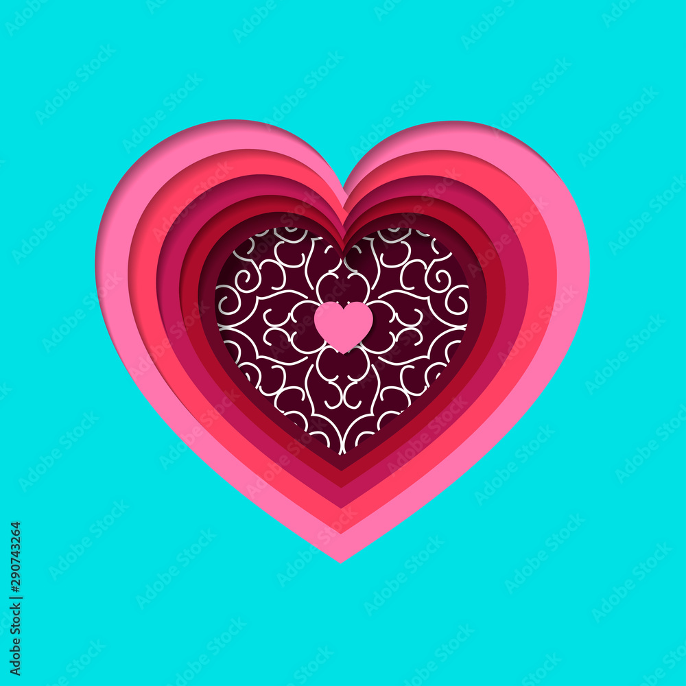 Vector illustration in paper cut origami style with symmetric pink heart shapes and twirls. Paper art carve for romantic event, holiday, occasion Vector illustration in paper cut origami style with symmetric pink heart shapes and twirls. Paper art carve for romantic event, holiday, occasion