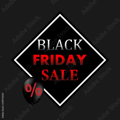 Black Friday sale flyer template. Dark background with black balloon with percent sign for seasonal discount offer. 