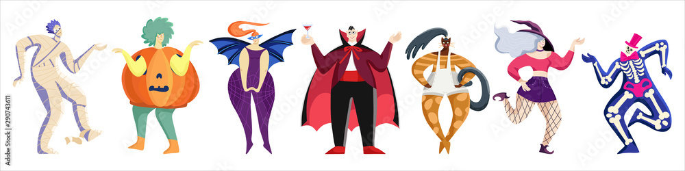 Halloween costume party. Group of trendy dancing characters: mummy, pumpkin, bat girl, Dracula, cat, witch, skeleton. Hand drawn vector set Halloween costume party. Group of trendy dancing characters: mummy, pumpkin, bat girl, Dracula, cat, witch, skeleton. Hand drawn vector set
