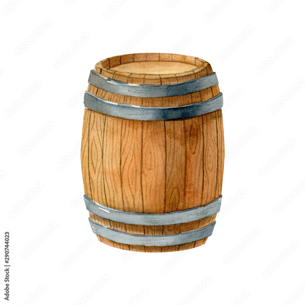 Fototapeta premium Old wooden barrel with metal hoops isolated on white background. Garden equipment. Watercolor illustration, hand drawn clipart.