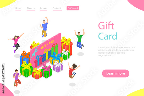 Isometric flat vector landing page template of gift card, loyalty program, earning points and getting bonus, cash back.