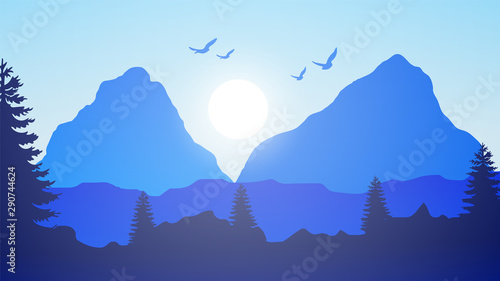 sunset, sunrise, landscape background, moon, sun, mountains, nature, birds