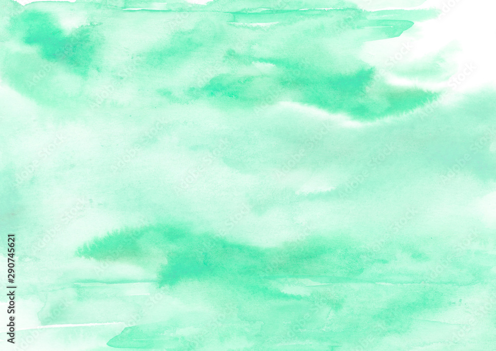 Obraz premium Watercolor green background, blot, blob, splash of green paint. Watercolor green sky, spot, abstraction. Abstract art illustration, scenic background. Abstract artistic frame.