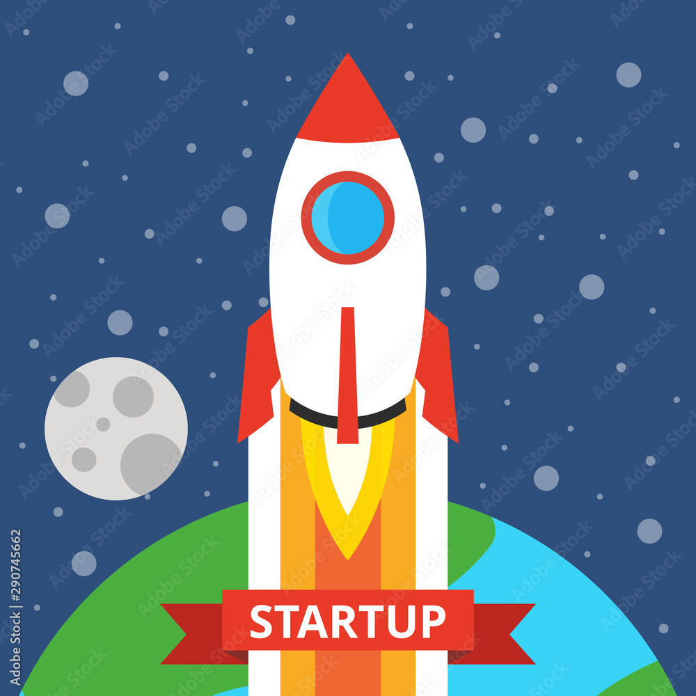 Rocket launch over the earth. Startup concept. Project development. Flat vector illustration.