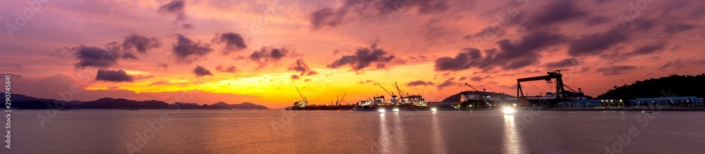 A landscape view of beautiful sunset at sea port, South Korea.