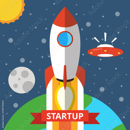 Rocket launch over the earth. Startup concept. Project development. Flat vector illustration.