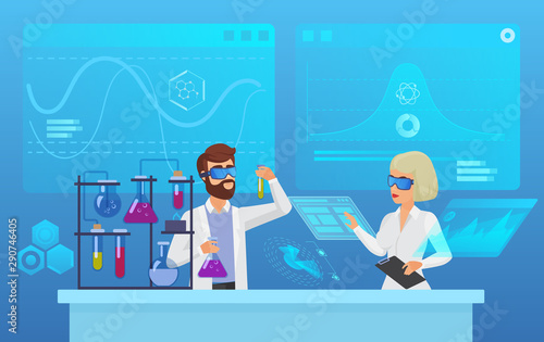 Scientific futuristic laboratory research flat vector illustration. Biochemistry, pharmacy, biotechnology experiment concept. Male and female scientists, modern medical workers analyzing characters
