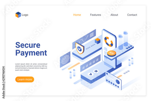 Secure payment isometric vector landing page template. Banking money account protection website homepage 3d layout. E wallet access safety concept. Credit card encryption web banner design
