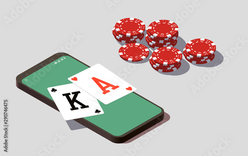 isometric illustration Blackjack in Online casino mobile phone app. Banner with Twenty-One and roulette Banner Online Casino isometric mobile phone app roulette and Blackjack Twenty-One Jackpot poster