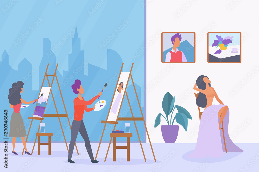 Art class for adults flat vector illustration. Oil and acrylic painting lesson concept. Artists sketching on canvas, female model posing cartoon characters in classroom. Life drawing hobby Stock Vector | Adobe Stock Art class for adults flat vector illustration. Oil and acrylic painting lesson concept. Artists sketching on canvas, female model posing cartoon characters in classroom. Life drawing hobby Stock Vector | Adobe Stock