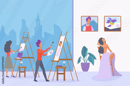 Art class for adults flat vector illustration. Oil and acrylic painting lesson concept. Artists sketching on canvas, female model posing cartoon characters in classroom. Life drawing hobby
