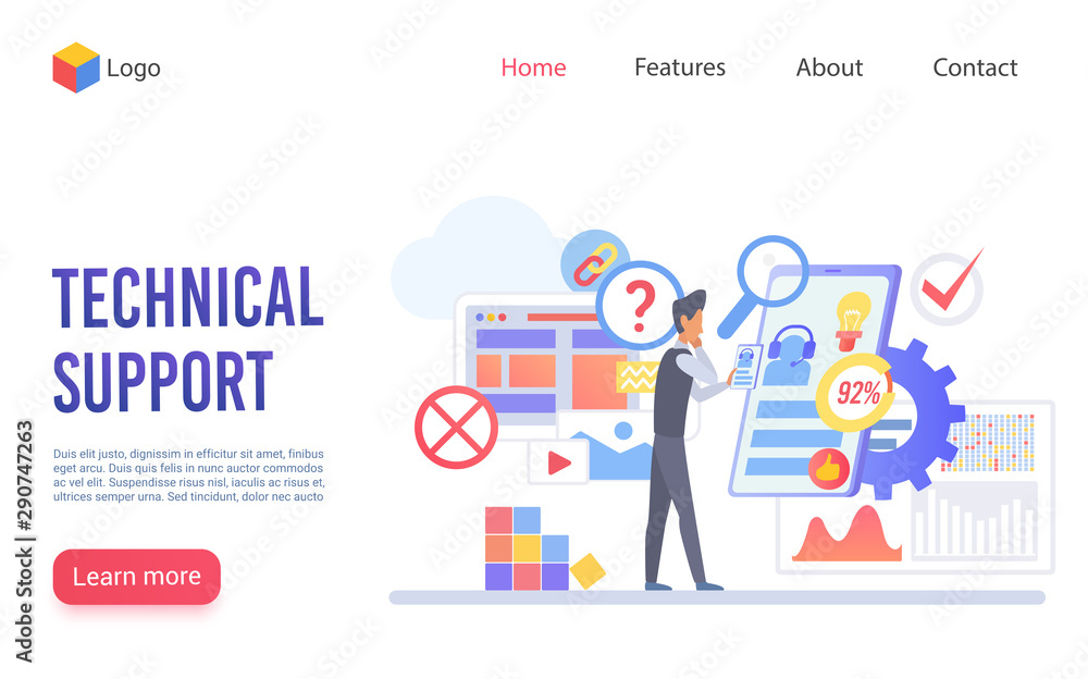 Technical support flat vector landing page template. Customer service, call center website homepage layout. IT engineer operator male cartoon character. Technician helpdesk web banner design