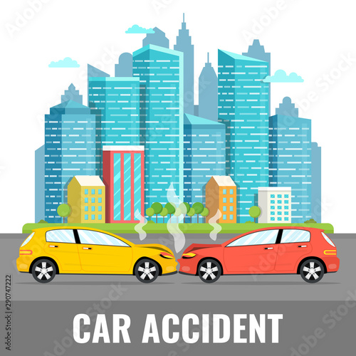 Car accident concept. City downtown landscape on the background. Vector illustration.