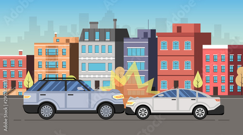 Car accident concept. City downtown landscape on the background. Vector illustration.