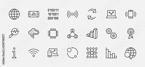 Set of Data Analysis Related Technology Vector Line Icons. Contains such Icons as Charts, Wi-fi, Graphs, Traffic Analysis, Big Data and more. Editable Stroke. 32x32 Pixel Perfect