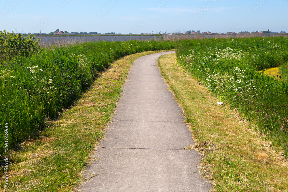 Cycling path along lake in Dyutch province Friesland Cycling path along lake in Dyutch province Friesland