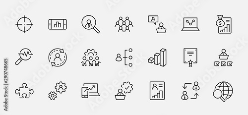 Set of People Management Related Vector Line Icons. Contains such Icons as Target, Puzzle, Certificate, Personal data processing, Task Manager, Qualification, Head Hunting and more. Editable Stroke