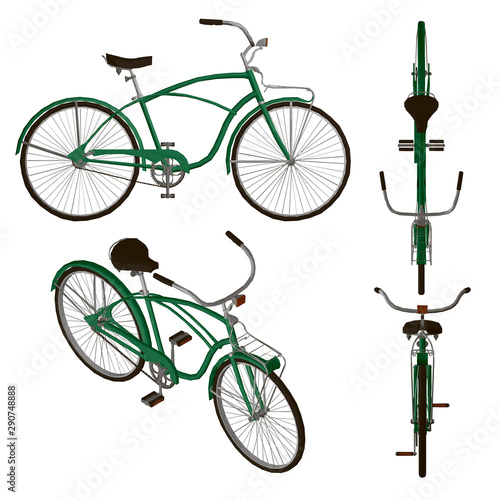 Set with detailed retro bikes. Side view, isometric view, front and top. 3D. Vector illustration.