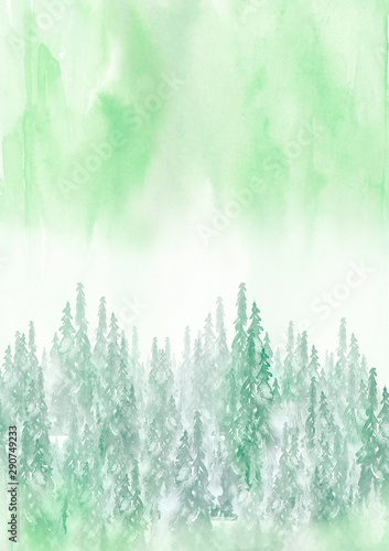 Watercolor art illustration. Drawing of the blue forest  pine tree  spruce  cedar. Dark  dense forest  suburban landscape. Postcard  logo  card cover. Misty forest  haze.
