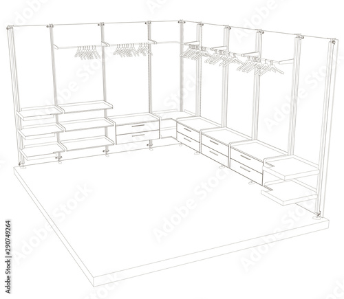 Wardrobe contour with shelves and hangers. Clothing store element. Perspective view. Veteran illustration.