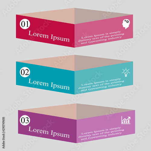 Business data visualization, infographics. Scheme of the process of elements with the help of graphics, diagrams of rectangles 3 D curved into three stages, numbers, icons, text, variants, parts. Busi