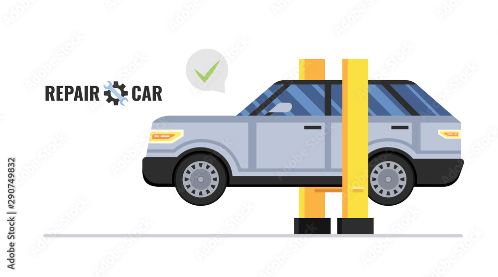 Car repair. Car service. Auto mechanic repair of machines and equipment. Car diagnostics. Vector illustration.