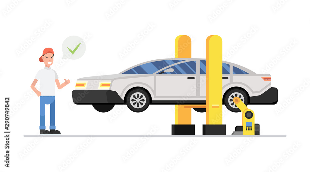 Car repair. Car service. Auto mechanic repair of machines and equipment. Car diagnostics. Vector illustration. Car repair. Car service. Auto mechanic repair of machines and equipment. Car diagnostics. Vector illustration.