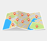 City map with navigation. Finding the way concept. Vector illustration.