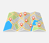 City map with navigation. Finding the way concept. Vector illustration.