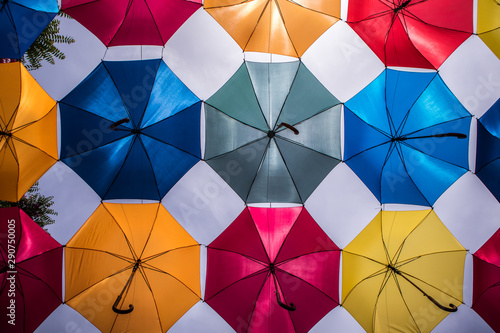 Coloured umbrellas below view