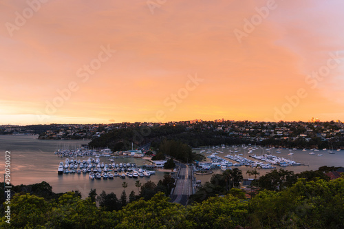 Photography Warm sunrise sky view over the Spit Bridge. Sydney, Australia.