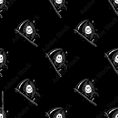 HAPPY GRIM REAPER WHITE SEAMLESS PATTERN BLACK BACKGROUND