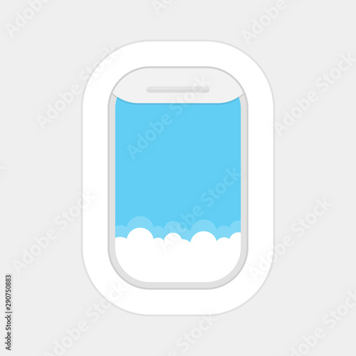 Aircraft, airplane windows with cloudy blue sky outside. Travel or tourism concept. Vector illustration.