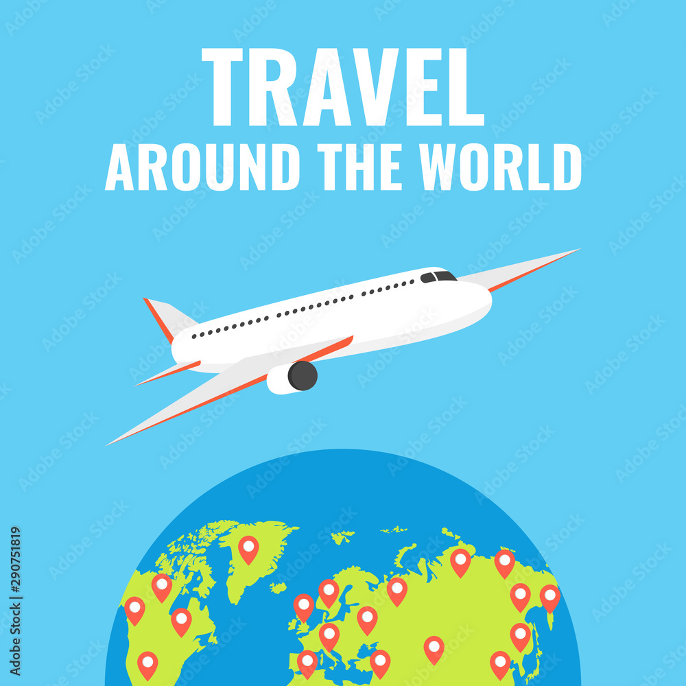 Airplane flying above the earth. Around the world travelling concept. Flat cartoon style. Vector illustration.