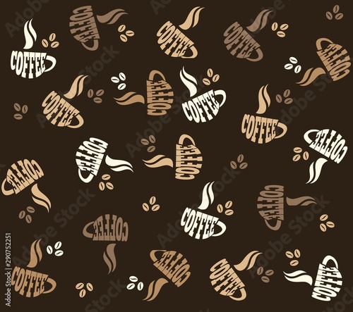 Coffee seamless pattern. Word coffee shaped into shape of cup with scattered coffee beans