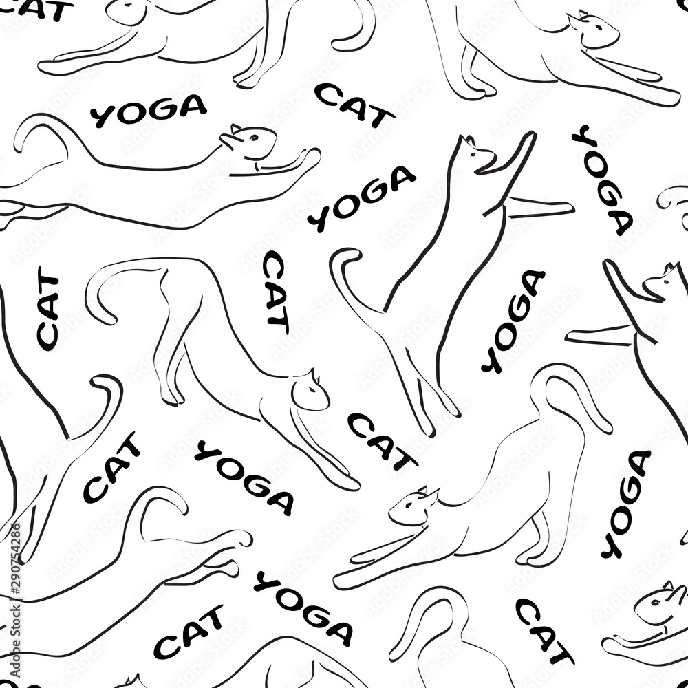 Obraz premium Vector Black and White Yoga Cats on White Background Seamless Repeat Pattern