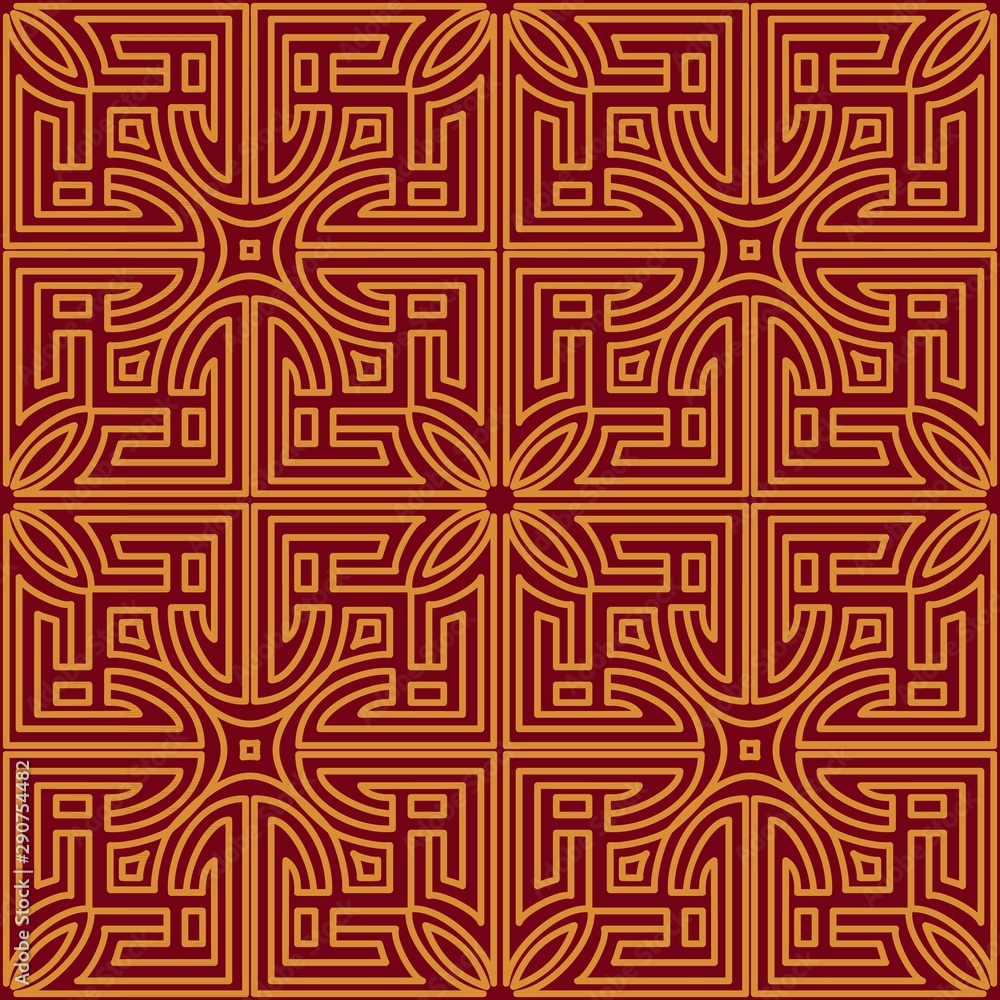 Chinese seamless pattern in ethnic style gold on red background. Tribal classic ornamental backdrop texture. Decorative print. Repeat geometric ornament. Chinese seamless pattern in ethnic style gold on red background. Tribal classic ornamental backdrop texture. Decorative print. Repeat geometric ornament.