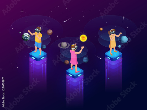 Isometric virtual reality concept. A girls and boy in virtual reality glasses looks at planets, comets and stars, space exploration.