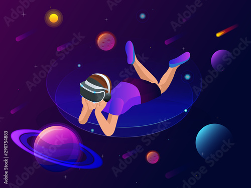 Isometric virtual reality concept. A boy in virtual reality glasses looks at planets, comets and stars, space exploration.