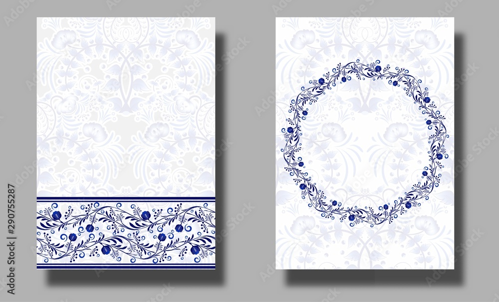 Set of vertical wedding invitation cards with blue leaves and flowers. Save the date and R.S.V.P. Ethnic style of painting on porcelain. Design for wedding ceremony. Set of vertical wedding invitation cards with blue leaves and flowers. Save the date and R.S.V.P. Ethnic style of painting on porcelain. Design for wedding ceremony.