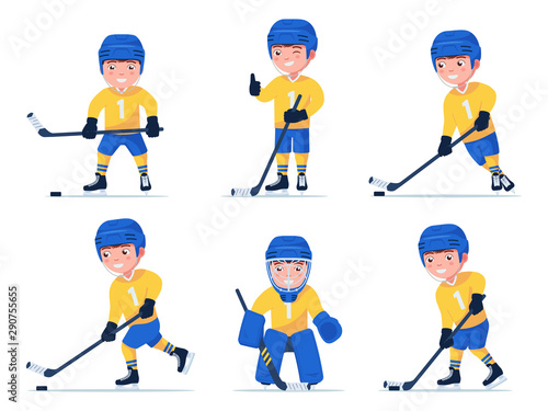 Set of boy hockey player playing with a stick