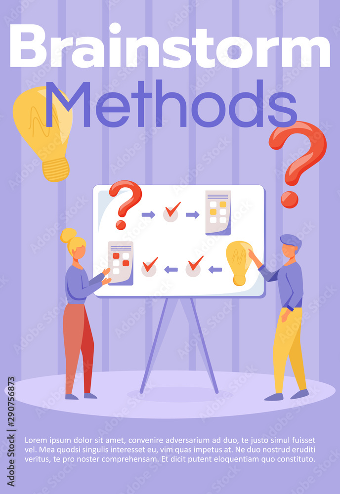 Obraz premium Brainstorm methods brochure template. Teamwork. Flyer, booklet, leaflet concept with flat illustrations. Vector page cartoon layout for magazine. Office meeting advertising invitation with text space