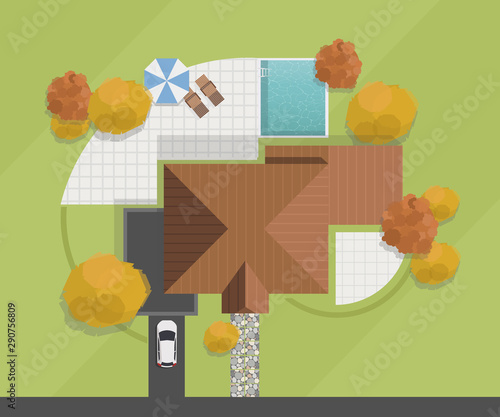 Top view of a house. Private house with swimming pool, courtyard, lawn and garage. Vector illustration